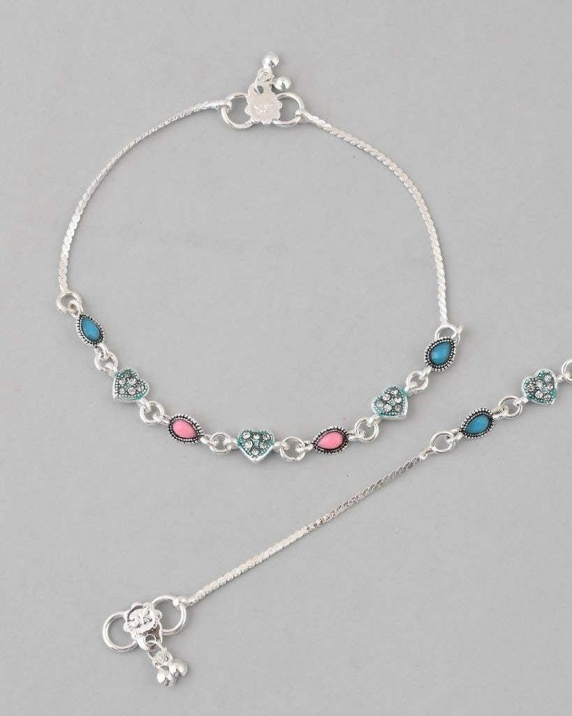 VOJ Set of 2 Silver Plated Heart Shaped Meenakari Anklet