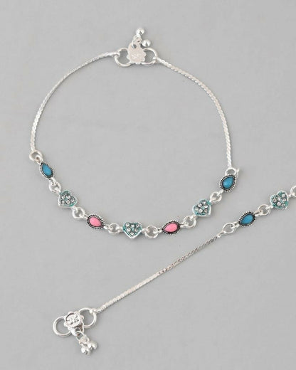 VOJ Set of 2 Silver Plated Heart Shaped Meenakari Anklet