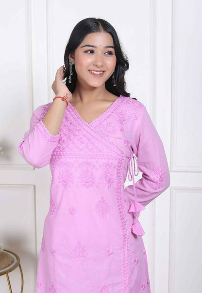 Miravan Womens Pink Lucknowi Angrakha Style Kurta With Palazzo