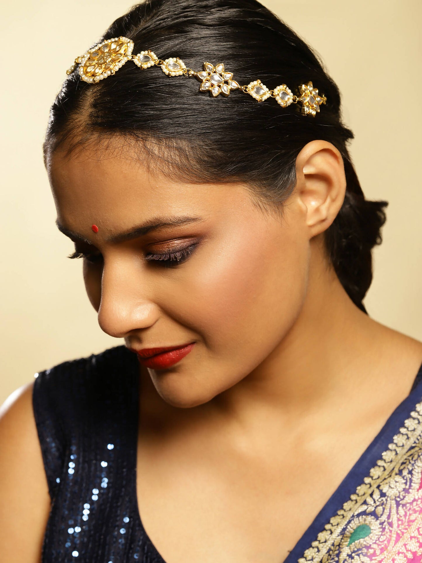 Gold-Polished White Kundan-Studded Pearl Beaded Hair Band - Ruby Raang