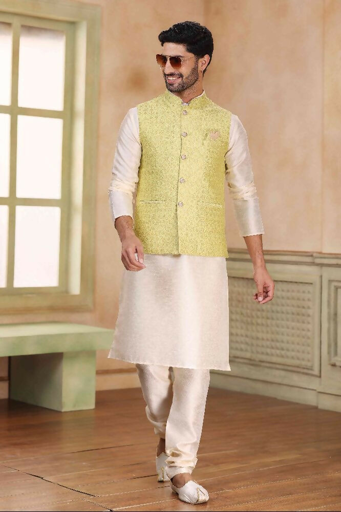 Raivat Ethnic Jacquard Banarasi Silk Woven Work 3 Pics Jacket Set In Lemon Colour