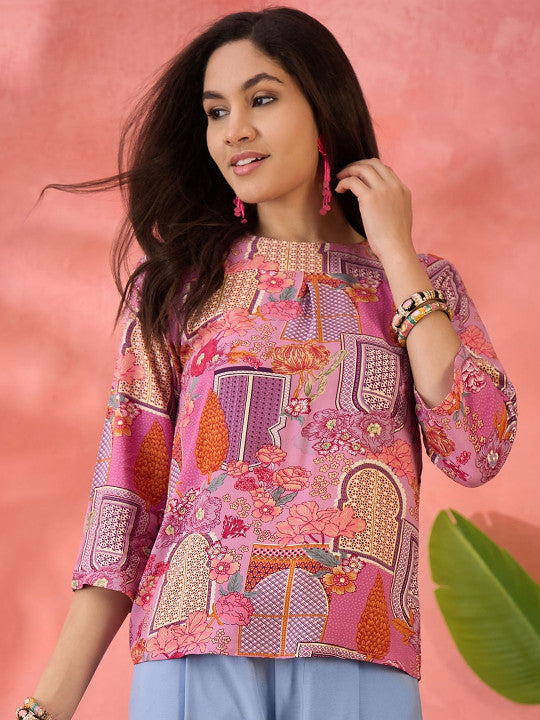 Sangria Women Printed Round Neck Top