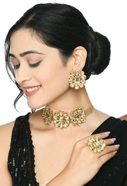 Mominos Fashion Joharkamal Gold-Polished Brass Finish Stone Choker For Women & Girls (Golden)