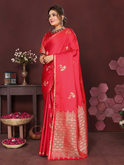 Joban Fashion Reddish Pink Floral Banarasi Silk Sarees