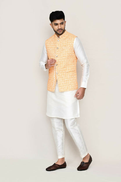 Joban Fashion White Colored Art Silk Fabric Kurta, Jacket With Straight Fit Pant