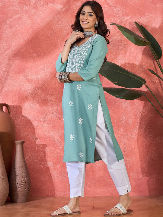 Sangria Floral Embroidered Round Neck Straight Kurta