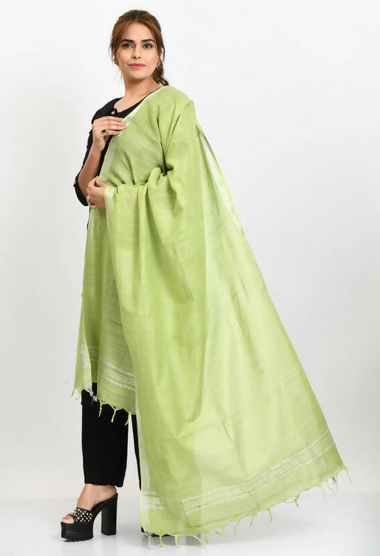 Mominos Fashion Moeza Women's Linen Cotton Silver Border Parrot Green Dupatta