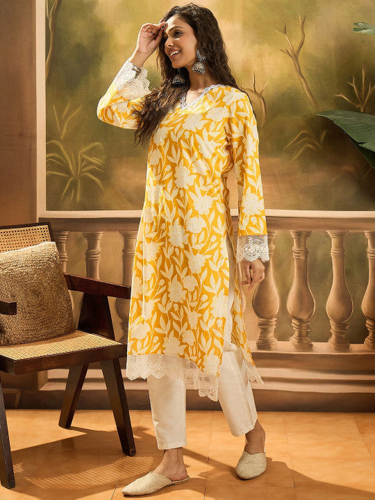 Sangria Floral Printed 100% Cotton Straight Kurta