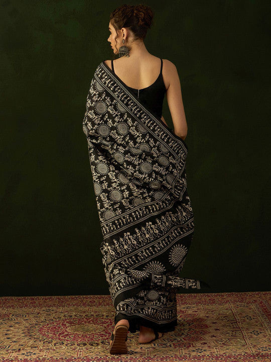 Sangria Warli Printed Dabu Saree With Blouse Piece