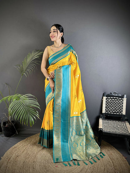 Joban Fashion Yellow Banarasi Soft Silk Woven Saree