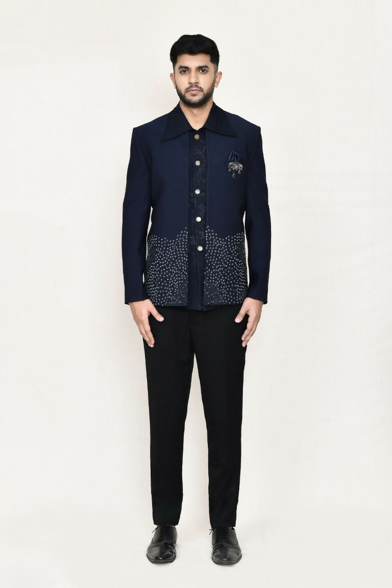 Joban Fashion Blue Colored Terry Rayon Based With Geometry Work Fabric Open Prince Coat, Jacket With Pant