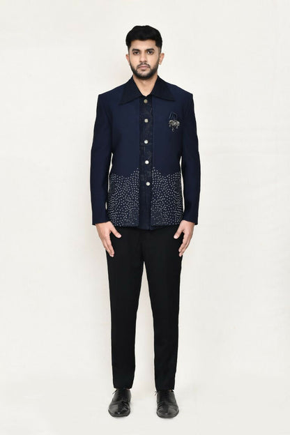 Joban Fashion Blue Colored Terry Rayon Based With Geometry Work Fabric Open Prince Coat, Jacket With Pant