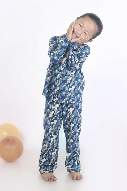 Breathables Kids Cotton Night Suit – Blue Jungle Print Shirt & Pyjama Co-Ord Set For Boys & Girls