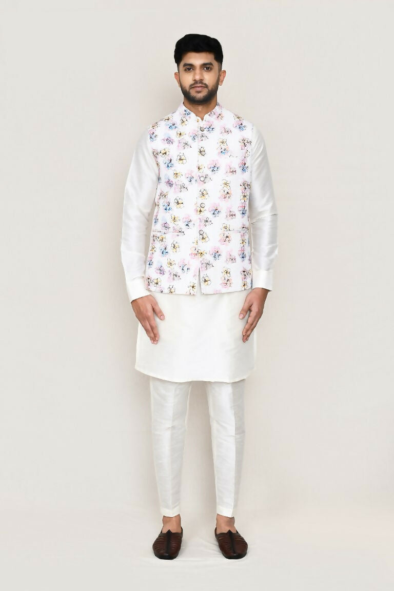 Joban Fashion White Colored Art Silk Fabric Kurta, Jacket With Straight Fit Pant