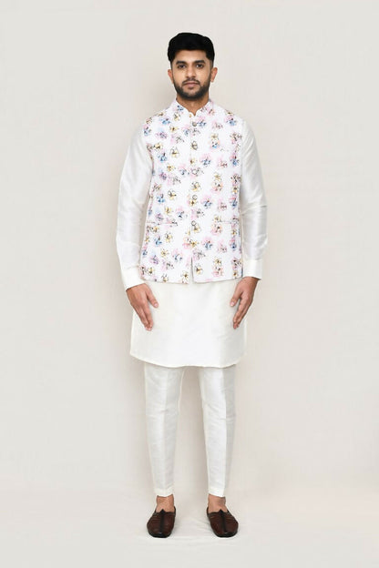Joban Fashion White Colored Art Silk Fabric Kurta, Jacket With Straight Fit Pant