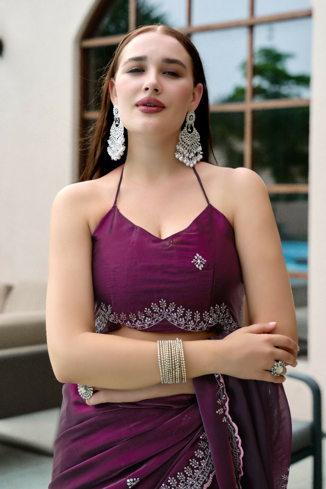 Vastranavya Wine Embroidery Work Shimmer Chiffon Saree with Unstitched Blouse