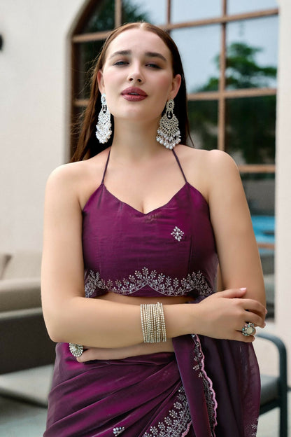 Vastranavya Wine Embroidery Work Shimmer Chiffon Saree with Unstitched Blouse