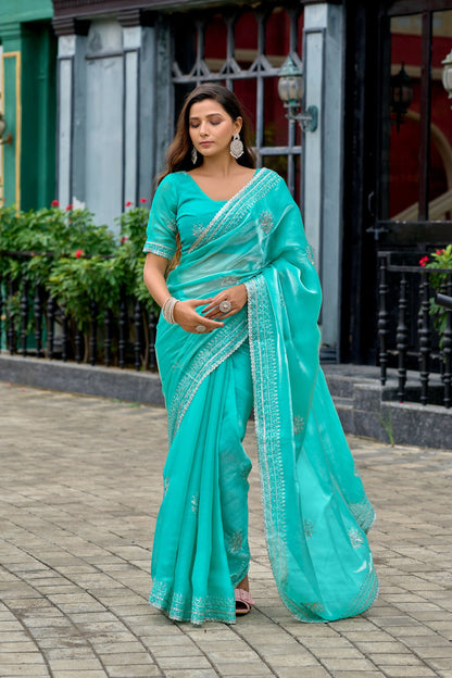 Vastranavya Turquoise Embroidery Work Shimmer Chiffon Saree with Unstitched Blouse
