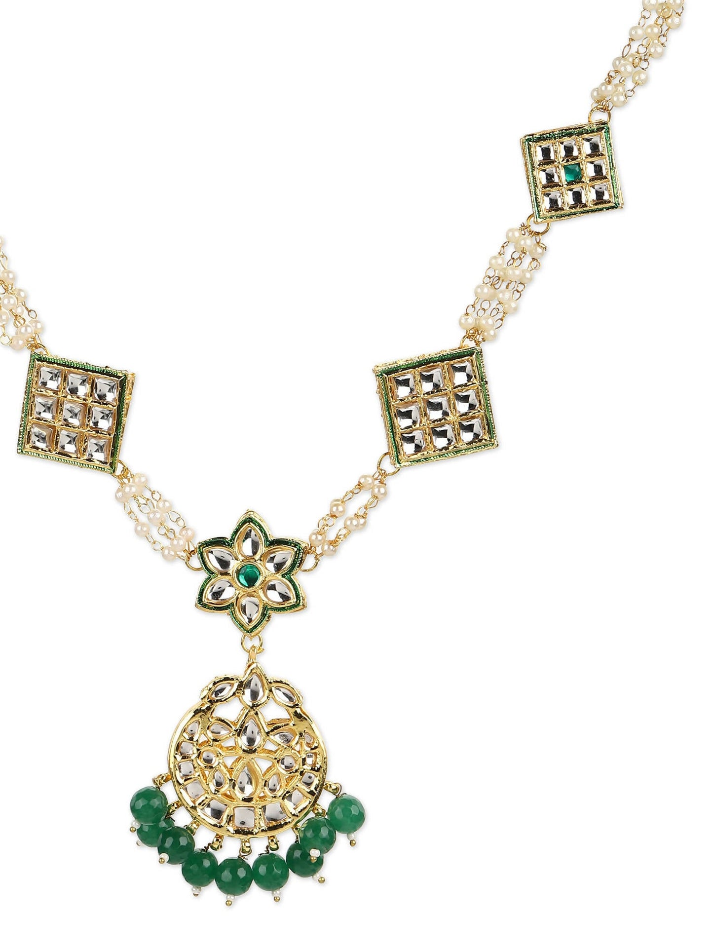Gold-Polished White Green Kundan-Studded Pearl Beaded Matha Patti - Ruby Raang