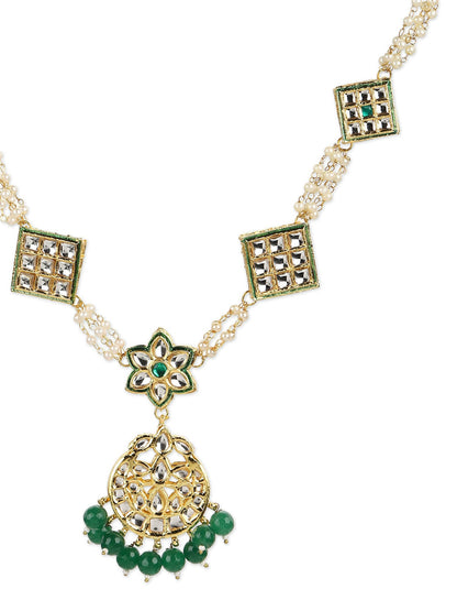 Gold-Polished White Green Kundan-Studded Pearl Beaded Matha Patti - Ruby Raang