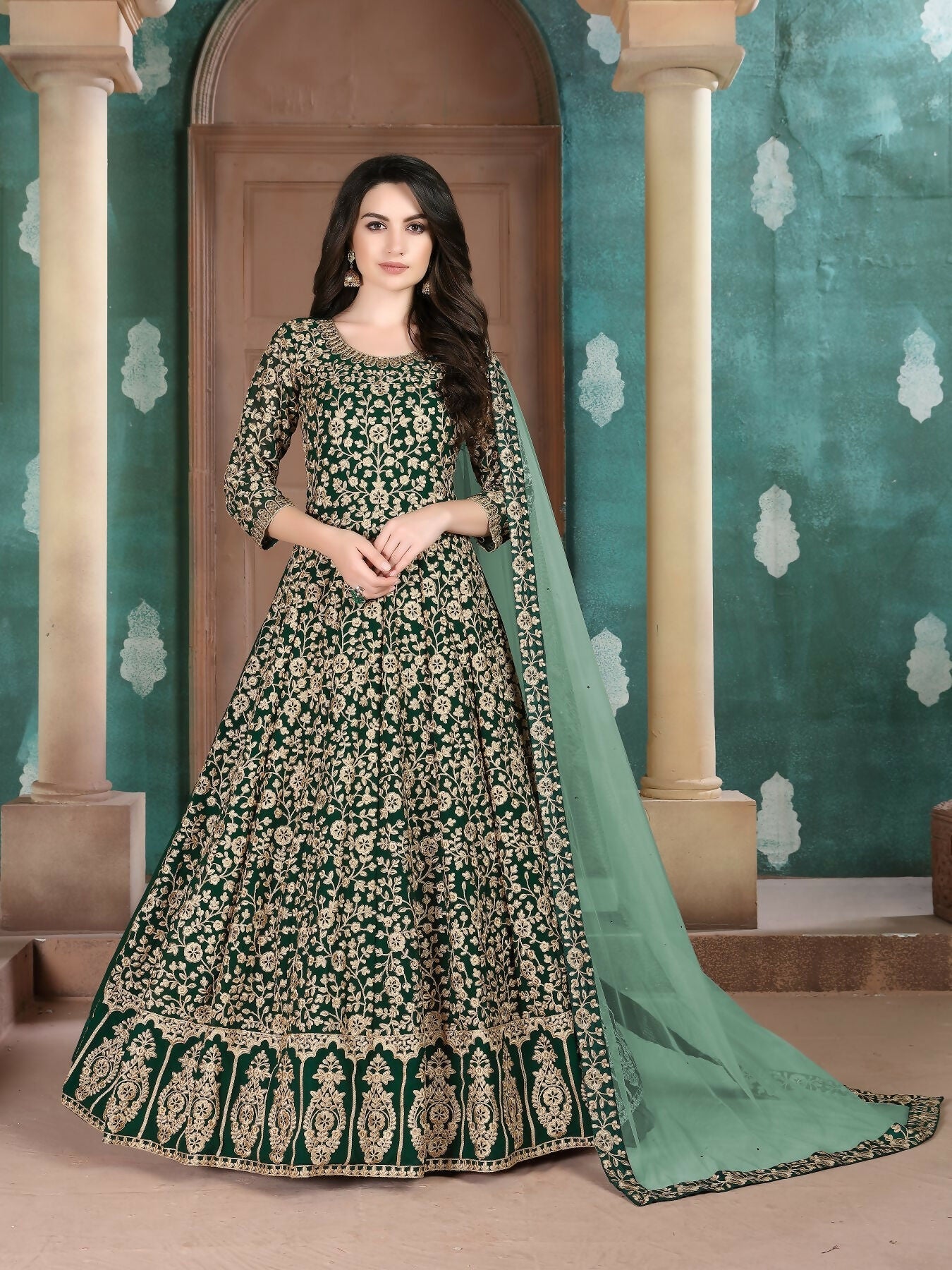 Anaita Green Embroidered Faux Georgette Anarkali Suit