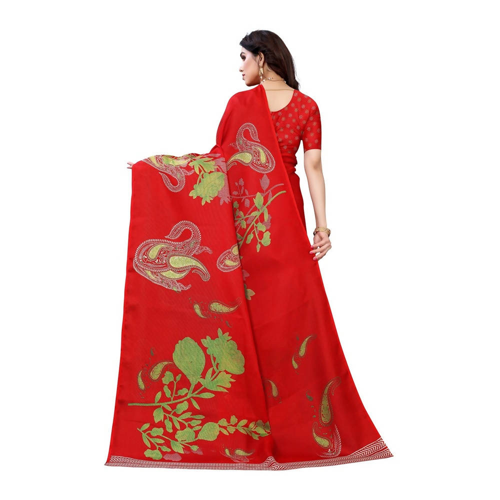 Vamika Printed Jute Silk Red Saree (Leo Red)