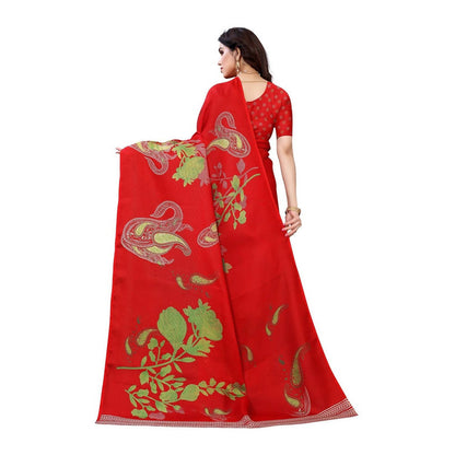 Vamika Printed Jute Silk Red Saree (Leo Red)