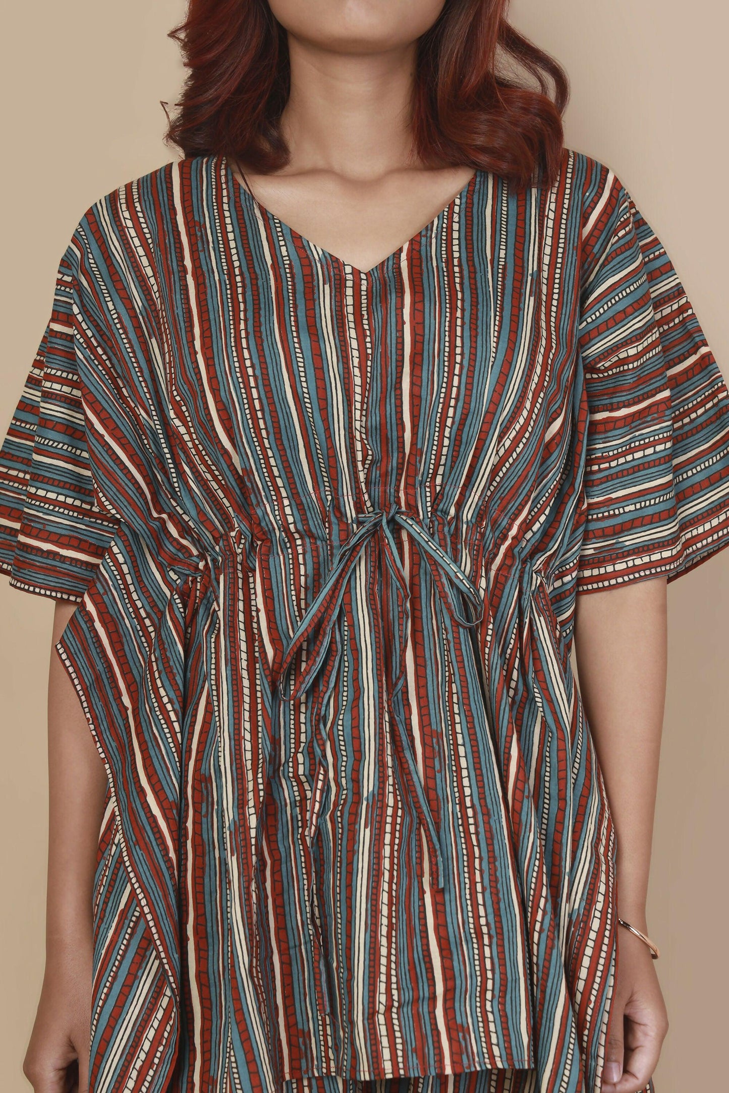 Breathables Women’S Loungewear Kaftan Cotton Aqua Blue Stripes Print Co-Ord Set