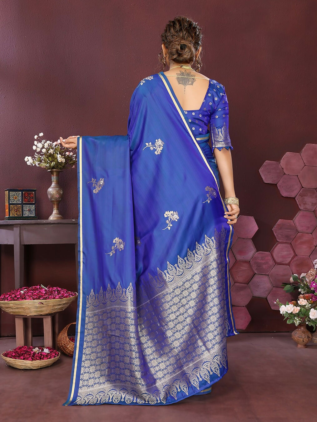 Joban Fashion Blue Floral Banarasi Silk Sarees