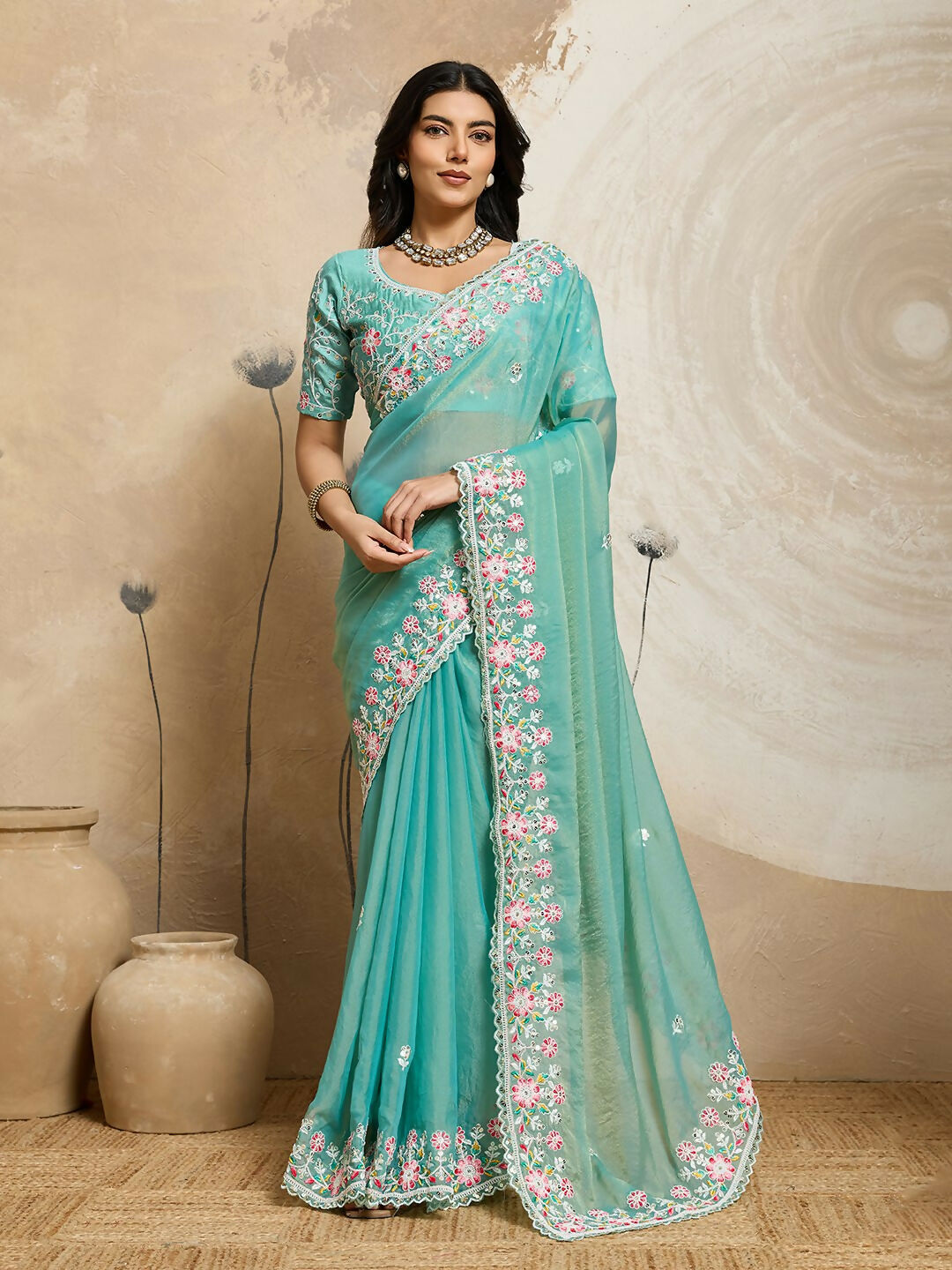 Teeya Creation New Trendy Wedding Special Party Wear Soft Nxc Moss Chiffon Saree-Aqua_Blue