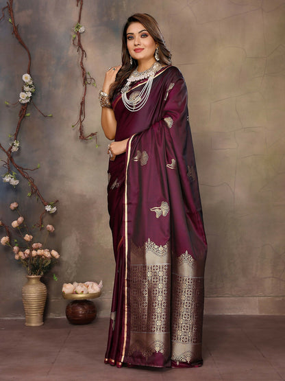 Joban Fashion Maroon Floral Motifs Banarasi Silk Sarees