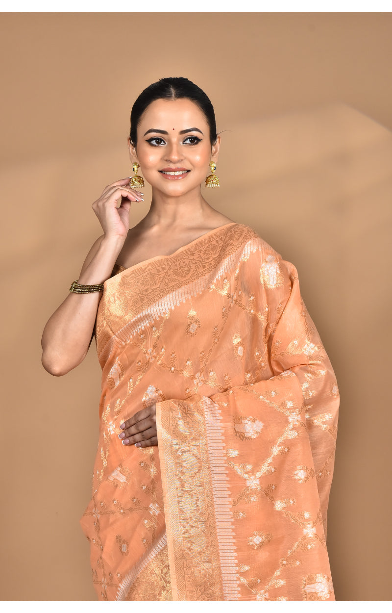 Morchari Banarasi Silk Chanderi Saree-Peach