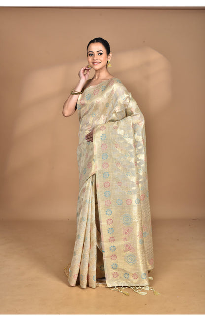 Morchari Banarasi Silk Chanderi Saree-Cream