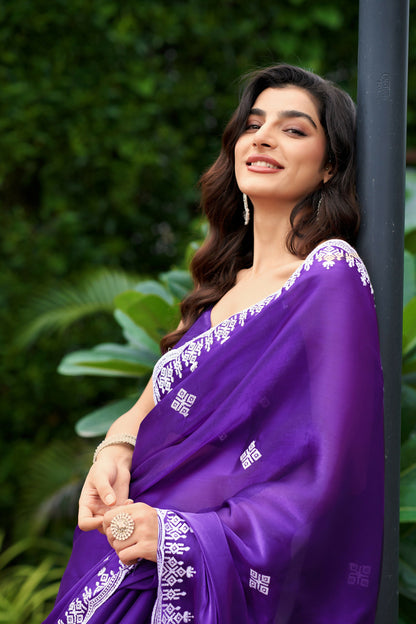 Vastranavya Purple-Blue Embroidery Work Shimmer Chiffon Saree with Unstitched Blouse
