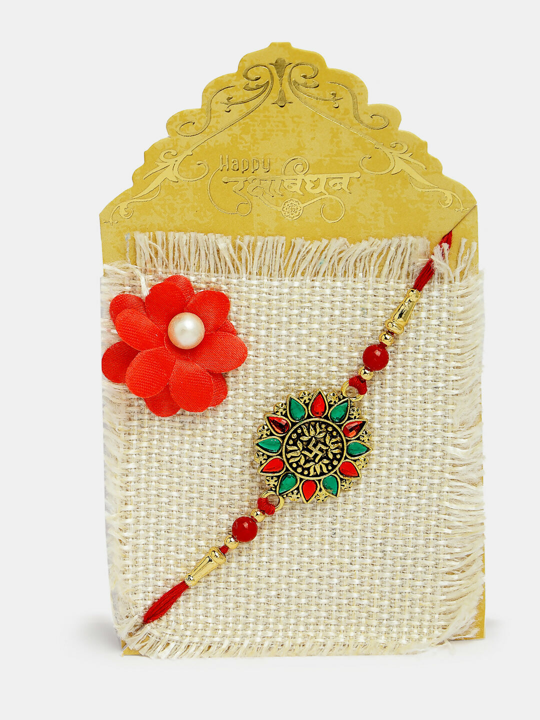 NVR Men Red & Gold-Toned Stone-Studded Rakhi With Roli Chawal & Chocolate