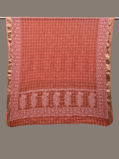 Peach Bandhani Silk Handloom Dupatta with Mango and Border Design - Global Threads