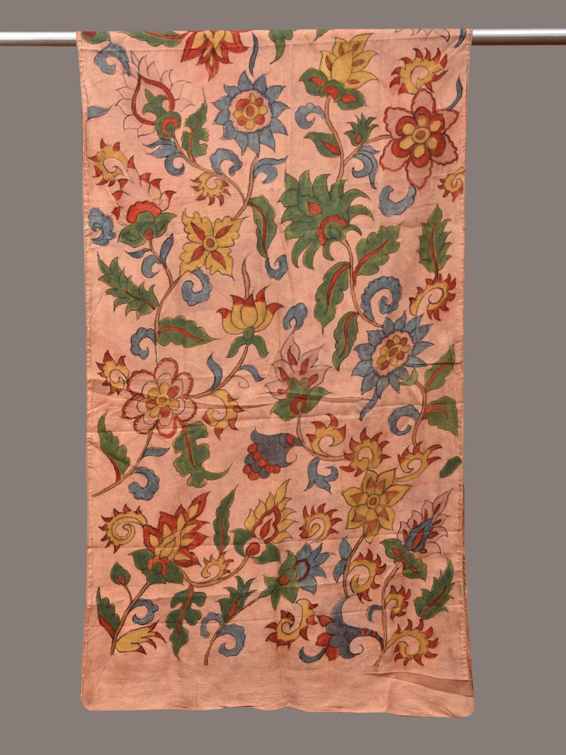 Peach Kalamkari Hand Painted Sico Stole with Floral and Birds Design - Global Threads
