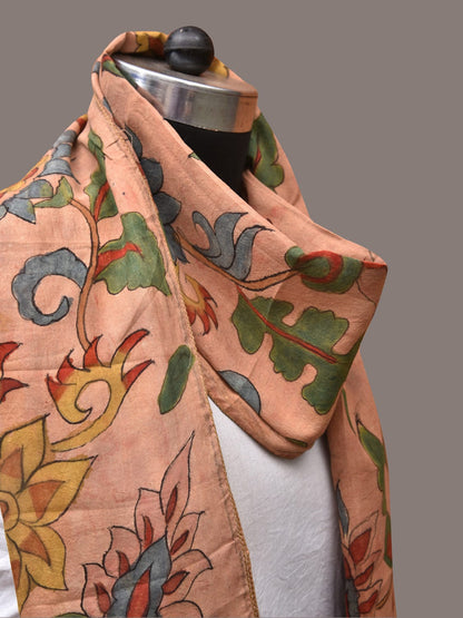 Peach Kalamkari Hand Painted Sico Stole with Floral and Birds Design - Global Threads