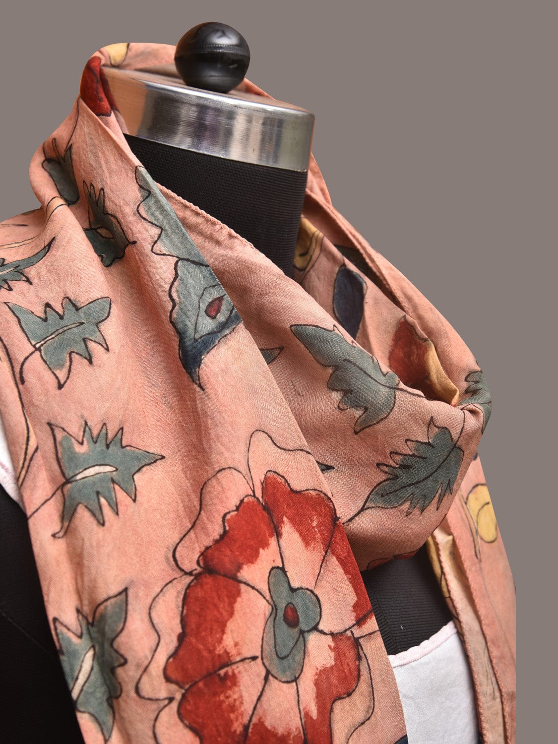 Peach Kalamkari Hand Painted Sico Stole with Floral and Birds Design - Global Threads