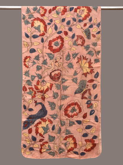 Peach Kalamkari Hand Painted Sico Stole with Floral and Birds Design - Global Threads