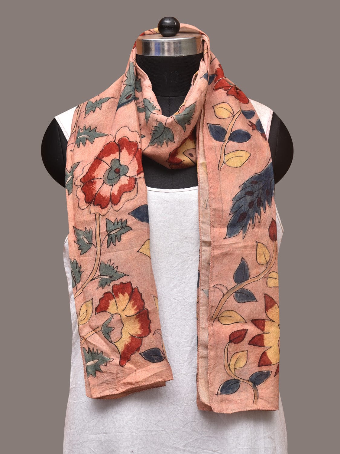 Peach Kalamkari Hand Painted Sico Stole with Floral and Birds Design - Global Threads