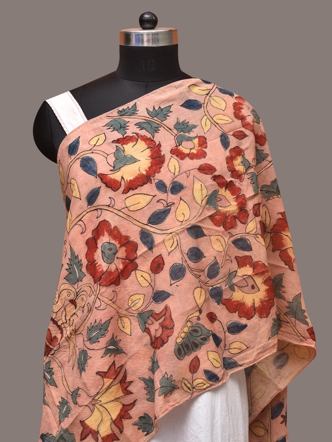 Peach Kalamkari Hand Painted Sico Stole with Floral and Birds Design - Global Threads