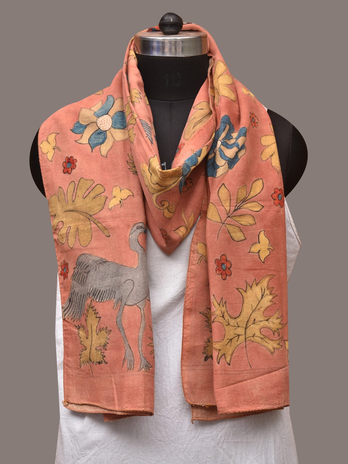 Peach Kalamkari Hand Painted Sico Stole with Floral and Birds Design - Global Threads