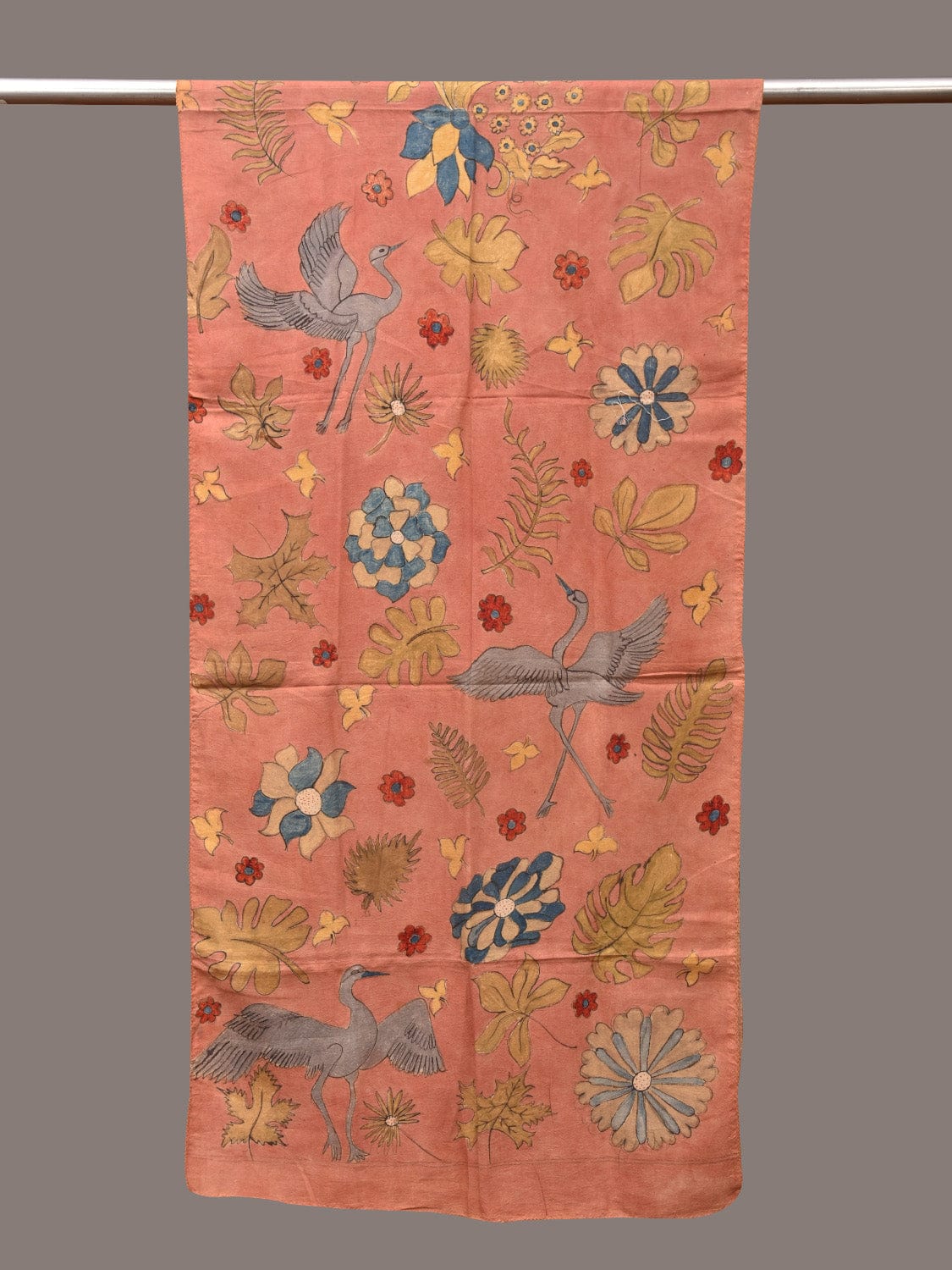 Peach Kalamkari Hand Painted Sico Stole with Floral and Birds Design - Global Threads