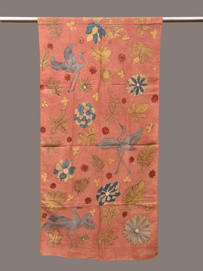Peach Kalamkari Hand Painted Sico Stole with Floral and Birds Design - Global Threads