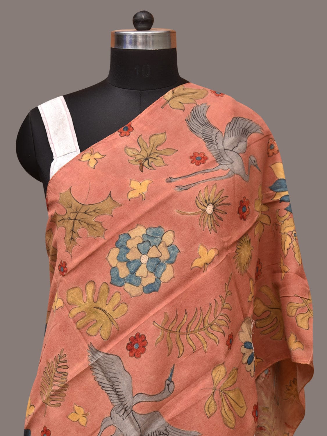 Peach Kalamkari Hand Painted Sico Stole with Floral and Birds Design - Global Threads
