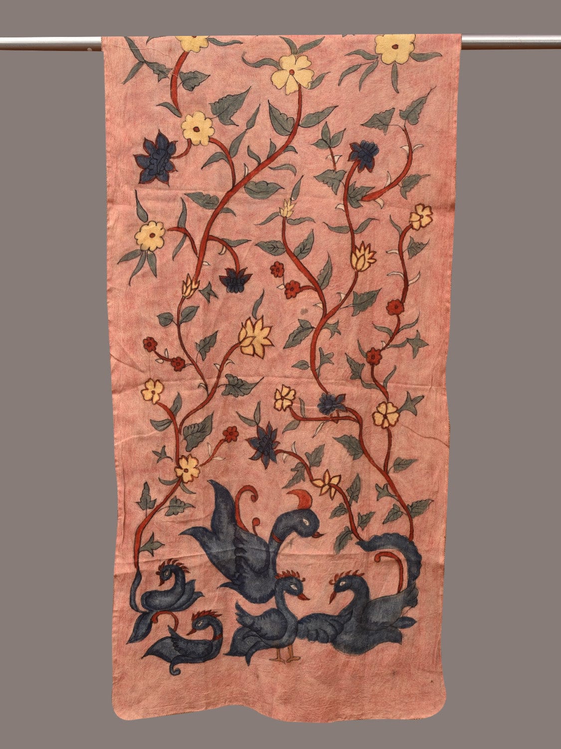 Peach Kalamkari Hand Painted Sico Stole with Floral and Birds Design - Global Threads