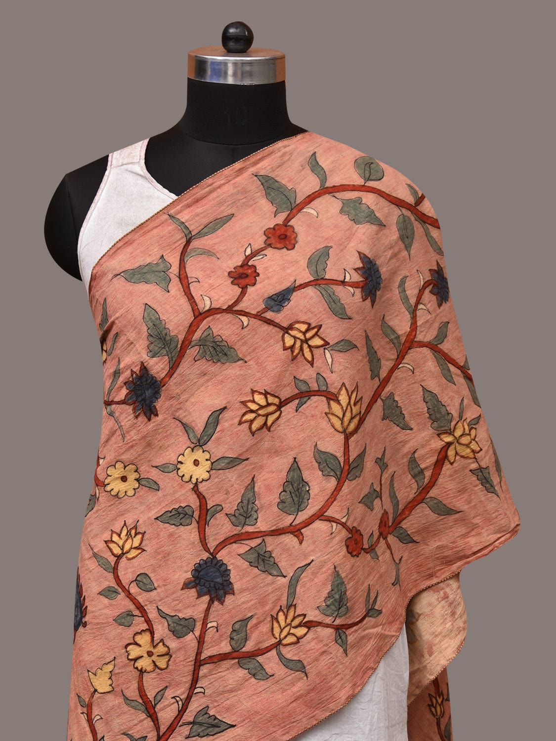 Peach Kalamkari Hand Painted Sico Stole with Floral and Birds Design - Global Threads