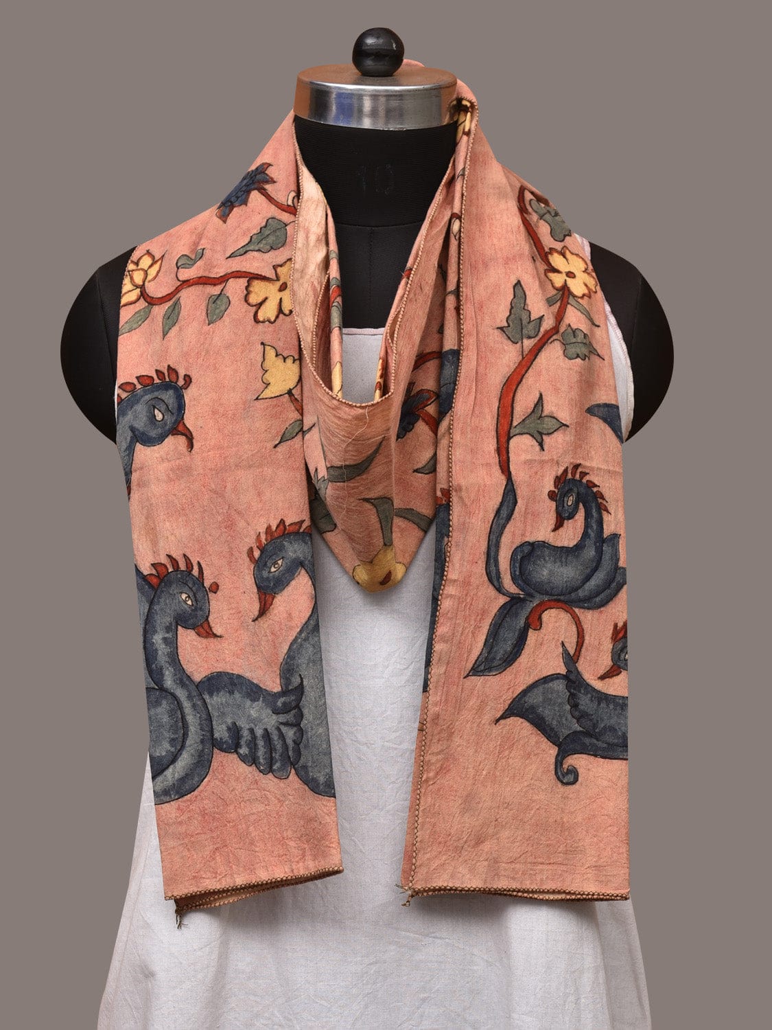 Peach Kalamkari Hand Painted Sico Stole with Floral and Birds Design - Global Threads