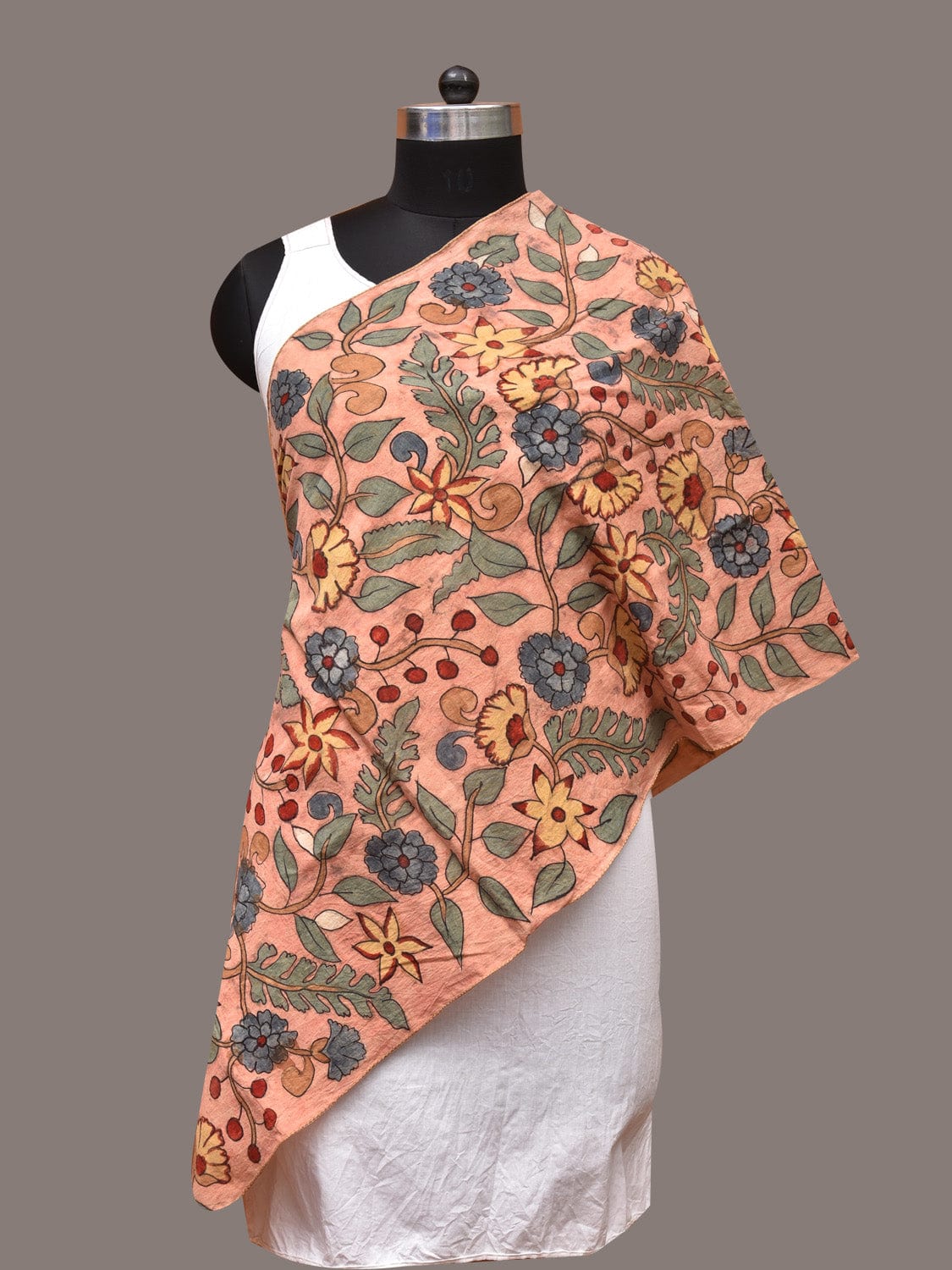 Peach Kalamkari Hand Painted Sico Stole with Floral Design - Global Threads